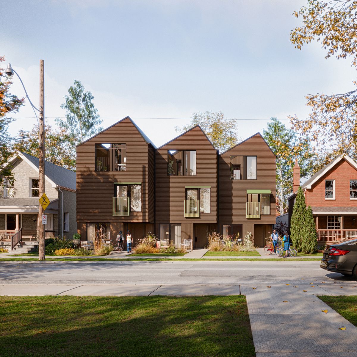A  3D rendering of three  townhomes with dark wood exteriors and large windows in a neighbourhood.